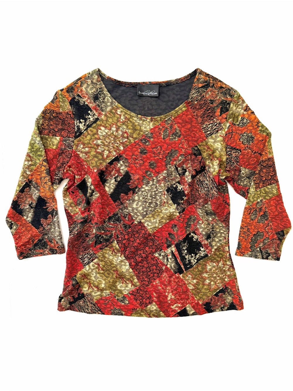Brittany Black Mesh Patchwork 3/4 Sleeve Top — Y2K Dark Bohemian Witchy S/M